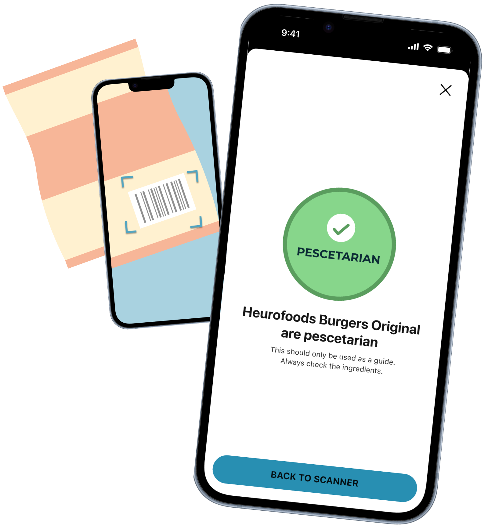 Two iPhones showing the user interface for Pescetarian Scanner app